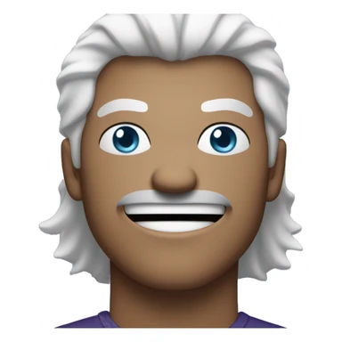 guy with white hair and blue eyes. hair is scrambled and background is darkish purple. no facial hair. angry but laughing sticker