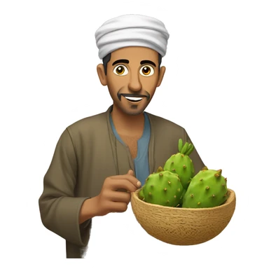 a moroccan man with djelaba eat a prickly pear sticker