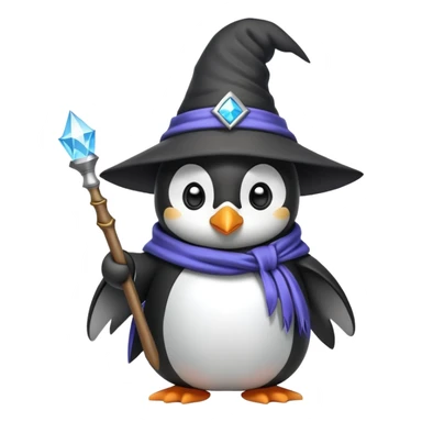A cute penguin wearing a wizard hat and robe, holding a magic wand sticker