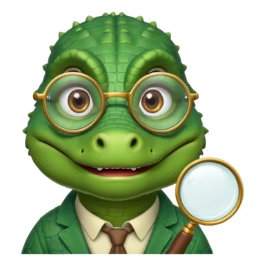 A green academic gator with a magnifying glass on a light background sticker
