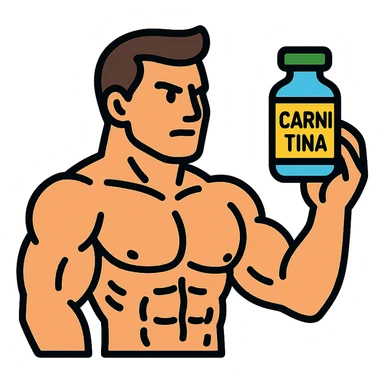 muscular bodybuilder holding a vial labeled 'CARNITINA', colorful icon style, muscular details, determined expression sticker