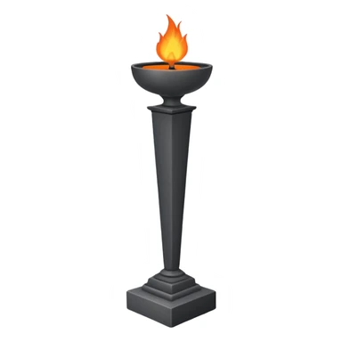 A minimalist ceremonial torch with a shallow black bowl on top holding bright flames. The bowl is supported by a tall, rectangular gray pedestal with clean, smooth surfaces and sharp edges. sticker