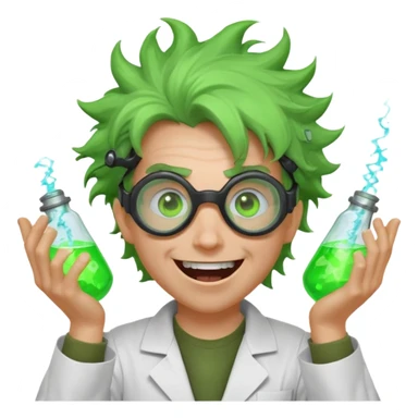 mad nuclear scientist portrait, head and shoulders only, messy hair, cracked goggles, glowing radioactive green light, excited crazy smile, 3D cartoon, mobile game icon style, clean background, no text, no watermark
 sticker