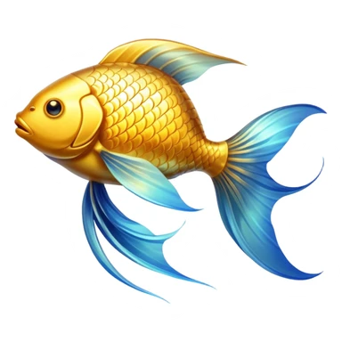 Ethereal golden fish symbol glowing with soft radiance, surrounded by a subtle blue aura. The fish has flowing, graceful lines with shimmering scales and translucent fins that appear to be moving in water. sticker