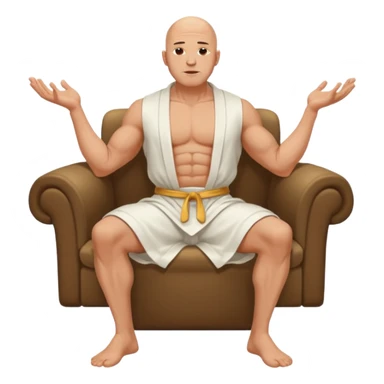fullbody jacked bald guy, sleeveless and unbuttoned in full white robe sitting sticker