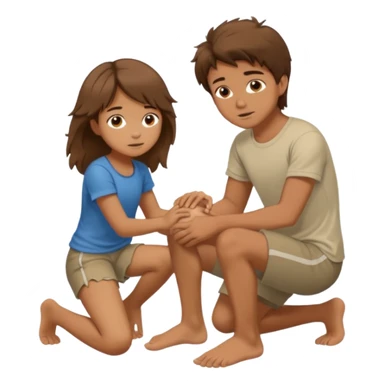 barefooted boy with messy brown hair yellow putting his foot on a kneeling girl sticker
