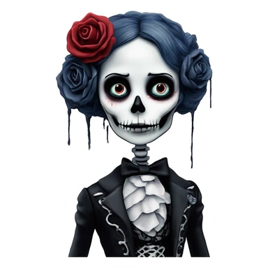 full height skeleton, tim burton "corpse bride", thin porcelain doll with a cracked face, goth makeup watery eyes, long hair, lace and ruffles, lolita style, inked, black and white, red roses sticker