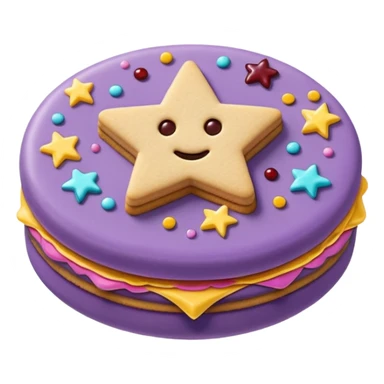 a pastel purple sandwich cookie with soft crumbly texture, a star-shaped jam cutout in the center showing glossy dark berry filling, and creamy filling with colorful sprinkles. Minimal emoji style, smooth shading, high detail, centered object, no background, sweet playful vibe sticker