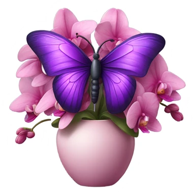 Aesthetic butterfly with purple and pink wings sitting on a dark purple bouquet of Orchids in a pastel pink vase sticker