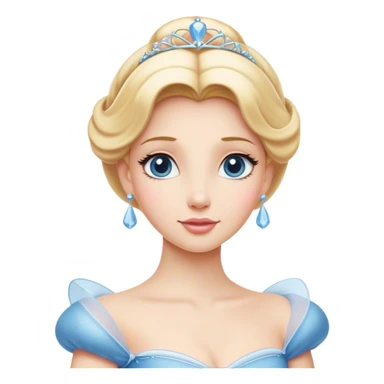 Cinematic Elegant Cinderella Portrait Emoji, rendered in a realistic, vector-style with minimal shading and bold, simplified shapes. Depict Cinderella in her classic ball gown (chest and above) with fair, porcelain skin and elegantly styled blonde hair, her eyes soft and kind, and her expression serene and graceful. The design glows with a gentle, enchanting radiance and high shine, capturing the timeless beauty of a fairy tale princess. sticker