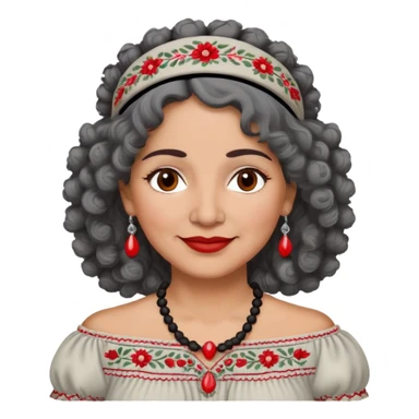 Latina woman, about 55 years old, slightly darker warm brown skin, round soft face, curly black and gray hair, red and white headband, medium eyes, thin eyebrows, gentle smile, gray peasant blouse with embroidery, bare shoulders, large dark necklace sticker