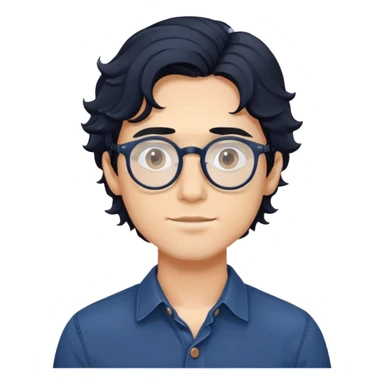 Torso view of young man with longer wavy black hair, round glasses, dark blue casual buttoned shirt sticker