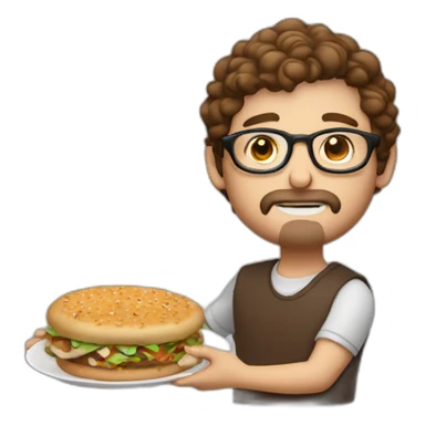 brown hair white guy with little mustache and goatee using round glasses with meal in hands sticker