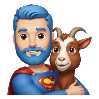 Adult Superman with redish brownish full beard with his arm around a blue hair happy goat sticker