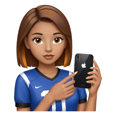 a girl with mixed race skin, brown hair (dark) with caramel highlights, acrylic nails, fake eyelashes, holding a phone. with a football shirt on (cropped) sticker