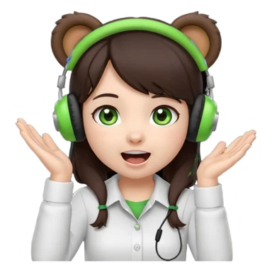 Animated emoji, Chibi girl, dark brown hair, green eyes, wearing a white shirt and small brown bear ears on a black headset, with wide happy surprised eyes and mouth and clapping excitedly sticker