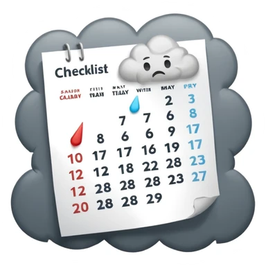 Minimalist emoji of a tilted, crumpled calendar page with faint, incomplete checklist marks, a small rain cloud dripping above it, and a dim, muted colour palette to symbolise a productivity slump and lost discipline. Flat vector style, soft shadows, transparent background sticker