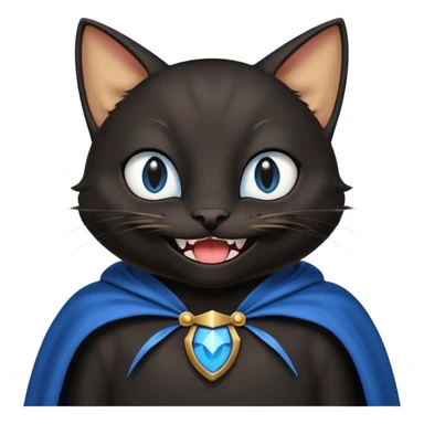 an all black anthropomorphic cat with blue eyes wears an all black cape and is smiling a mischievous sharp tooth grin sticker