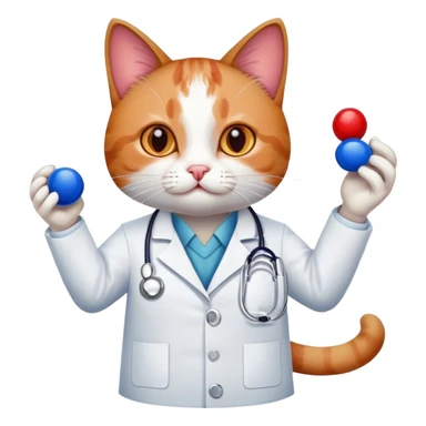 cat dressed as a doctor holding out a red and blue pill sticker