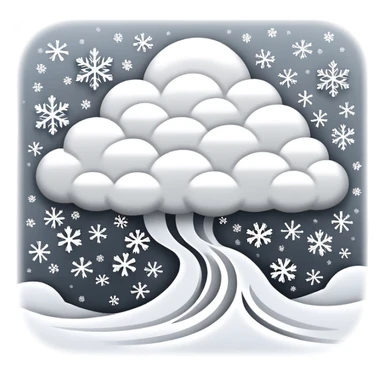 A powerful blizzard  storm cloud with heavy swirling snow, strong wind lines, flying snowflakes, dynamic motion. White and gray tones, bold but simple shapes. sticker