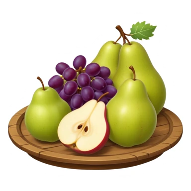medieval fruit platter object icon, sliced apples and pears, grape clusters, rustic plate, fresh juicy look, 3D cartoon, mobile game icon style, clean background, no text, no watermark
 sticker