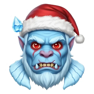 Fantasy orc portrait emoji, Santa Claus hat with icy texture, frozen scar glowing deep red against icy blue skin tones, primal winter survival theme, restrained detail, clean readable emoji style, male/female variant
 sticker