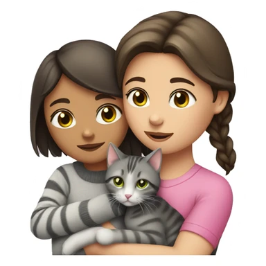 A girl with dark brown hair hugs a gray tabby cat with a pink nose and green eyes sticker