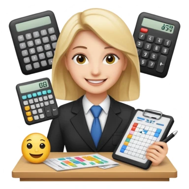 aUDITOR smiling with spreadsheet and a calculator, emoji, ADD A puzzle and a Balance for accounting sticker