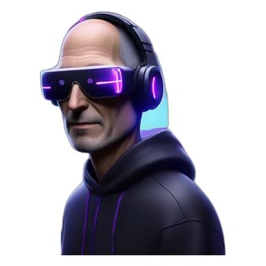 Steve Jobs wearing a black hoodie with "OMG" letters on it and VR headset in a cyberpunk VR environment with violet neon lighting. sticker