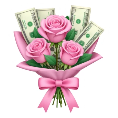 Bouquet of pink roses and money with pink bow sticker