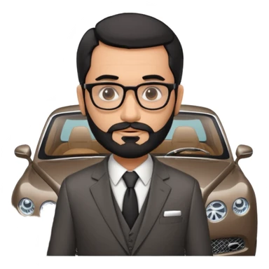 Professor Bentley Dyed black gray hair  frencb beard graying indian guy in suit with a bentley car. Older look with glasses slight balding sticker