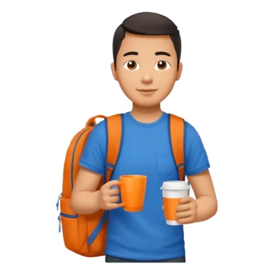 an asian man in blue t-shirt with orange cup of coffee and backpack on the back. Eiffel tower on the background. shoulder length picture sticker