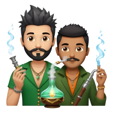 Brass hookah with green design on a glass water base on the top; with two smoke pipes where people are holding them and smoking - one white guy with spikes (silver and black hair) and another Tamil handsome with little beard Indian guy. The Tamil guy is not having spiky hair  sticker