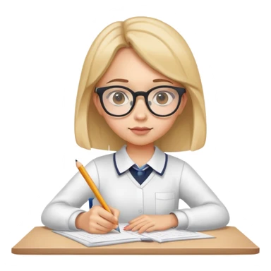 Girl student with glasses focused on exam papers, writing with pencil sticker