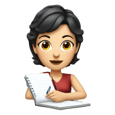 white skin mom with short dark hair writing  a notebook on a wooden desk  sticker