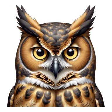 Cinematic Deep Thought Great Horned Owl Portrait Emoji, Head held high with a calm, reflective gaze, showcasing a beautifully mottled plumage and piercing golden eyes that seem to ponder the mysteries of the night, Simplified yet majestically refined features, highly detailed, glowing with a soft, contemplative light, high shine, poised and thoughtful, stylized with an air of profound introspection, capturing the essence of an owl deeply engaged in thought, so thoughtful it feels like it could silently share timeless secrets from beyond the screen! sticker