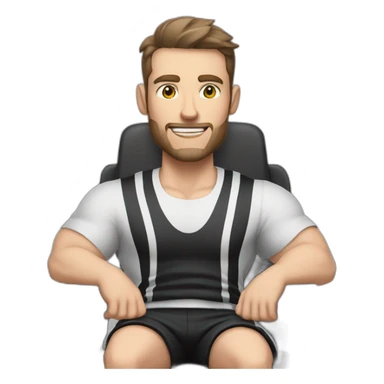 Pale skinned Fit Man With the biceps and dark brown hair in black shirt, gray sports shorts and white Sneakers Sitting on a chair sticker
