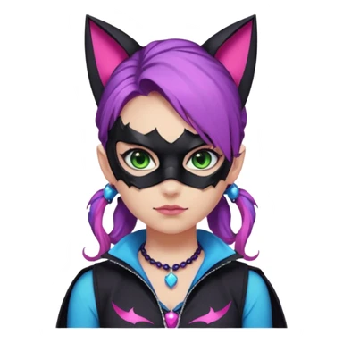 Girl with green eyes, wearing a bat mask with pink stones, and her hair tied in a ponytail, the hair is purple, blue, and pink streaks, with black cat ears with pink stones, wearing a black shirt that covers the neck, and a sleeveless blue jacket, and a necklace of pink stones sticker