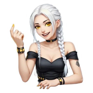 she is laughing the hardest and pounding her fist on the table, a closeup portrait of young woman with gold yellow eyes, white hair, long braid, black off-shoulder top, punk gothic style, futuristic cyberwave cyberpunk, sitting position
 sticker