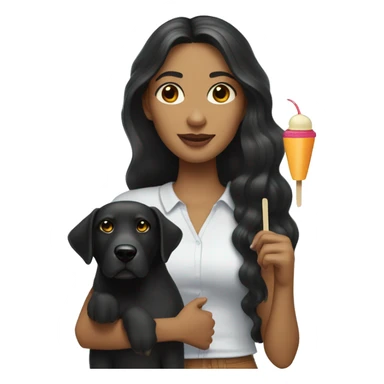 A white woman with long wavy black hair, brown eyes, holding a black dog and a mango flavored ice popsicle in the other hand  and a telephone under her ear sticker