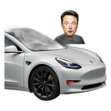 Elon musk riding a all black Tesla Model 3 viewed from front with head popping from window sticker