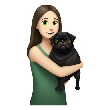 White girl green eyes brown long hair cuddling happy black pug dog sticker