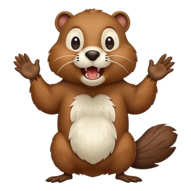  A crazy beaver is standing on its hind legs with its front paws stretched out in front of it. It has a brown fur coat with white fur around its eyes and nose. mouth is open, revealing sharp teeth.  sticker