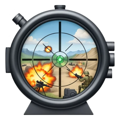 An icon symbolizing first-person shooter games. The design features a circular sniper scope view with crosshairs aimed at a distant target. The background shows a battlefield with soldiers and explosions, capturing the action-packed intensity of FPS games. Transparent background. sticker