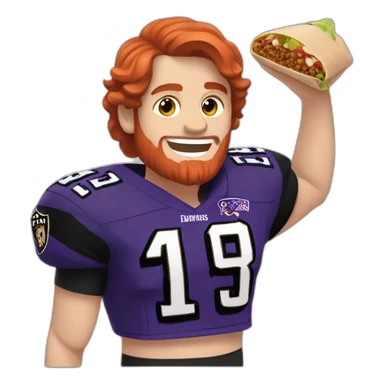 a red haired young man without a beard in a ravens jersey eating a chipotle burrito bowl sticker