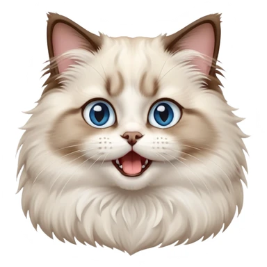 cinematic-adorable-big-eyed-fluffy-ragdoll-cat-portrait-emoji,-head-tilted-playfully-with-a-cute,-yawn,-white and brown fur,-simplified-yet-irresistibly-cute-features, blue eyes sticker