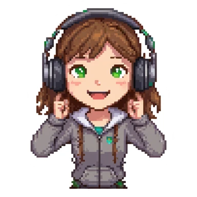 brown-haired gamer girl, excited expression, headphones, head only, emote sticker