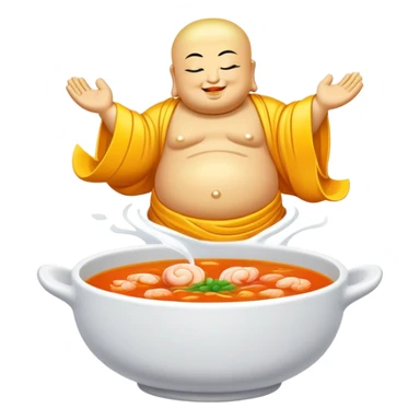 Buddha Jumps Over the Wall luxury soup with seafood and premium ingredients, simplified emoji style with bold outlines and bright colors, cartoon style famous Chinese delicacy sticker