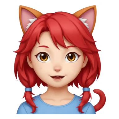 very cute anime cat-girl with small cat ears, red blowing hair sticker