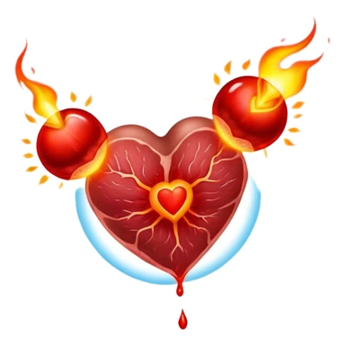 Glowing pieces of red meat floating around a red blood cell that shines brightly like a torch. Streams of light connect the blood cell to a heart and muscles, showing how heme iron creates energy and vitality throughout the body. sticker